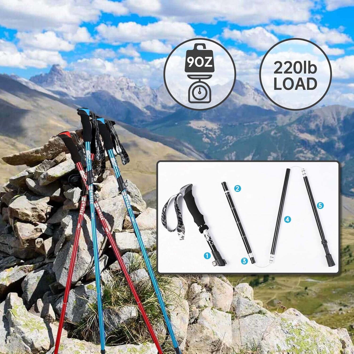 Trekking Poles Collapsible Hiking Poles - Aluminum 7075 Adjustable Hiking Walking Sticks with Quick Locks, Expandable to 53"And Ultralight Poles for Hiking Camping Mountains Walking（Set of 2）