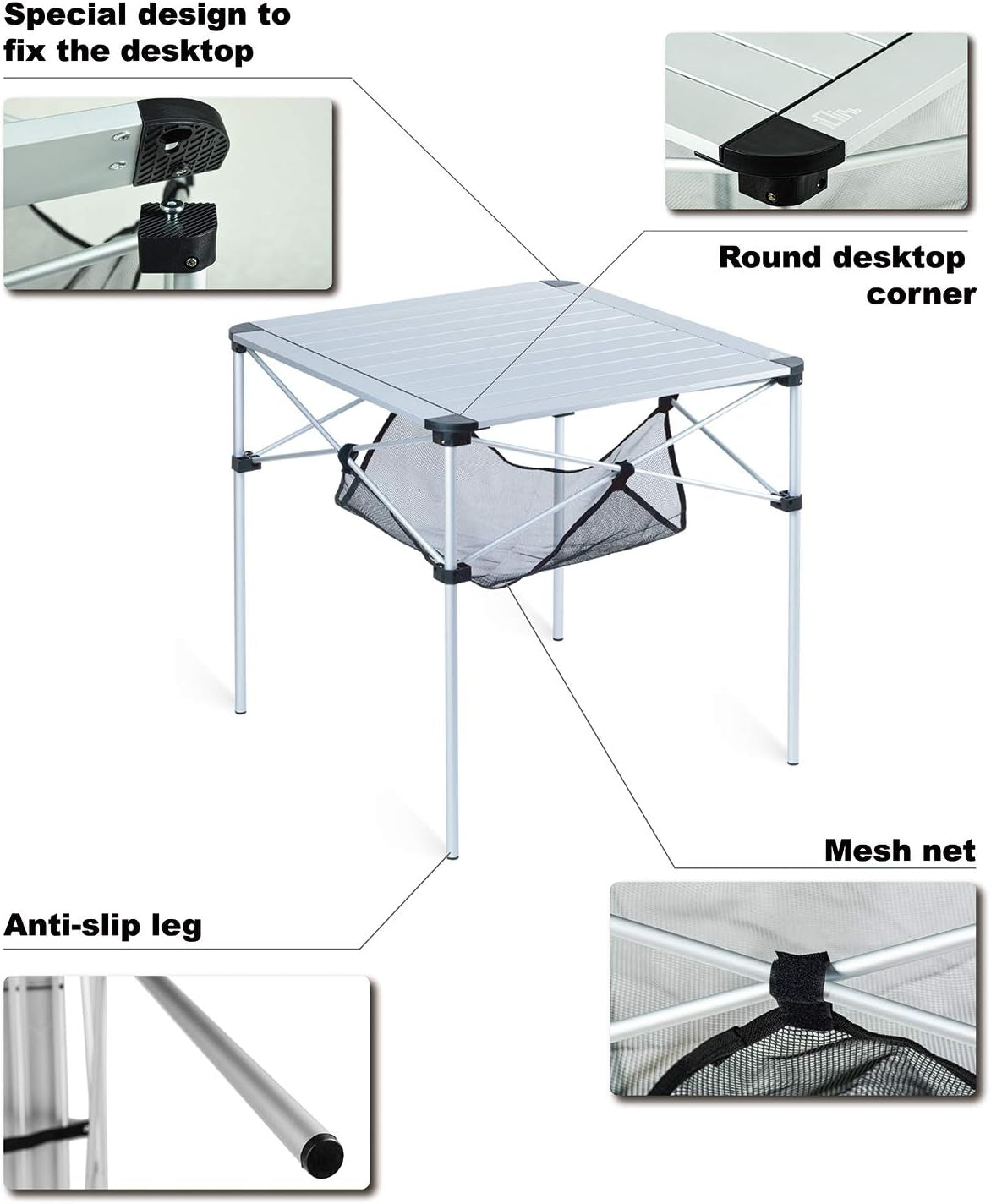 Lightweight Stable Alu. Folding Square Table Roll up Top with Carry Bag for Camping Picnic Backyards BBQ Camp Kitchen (Silver, L)