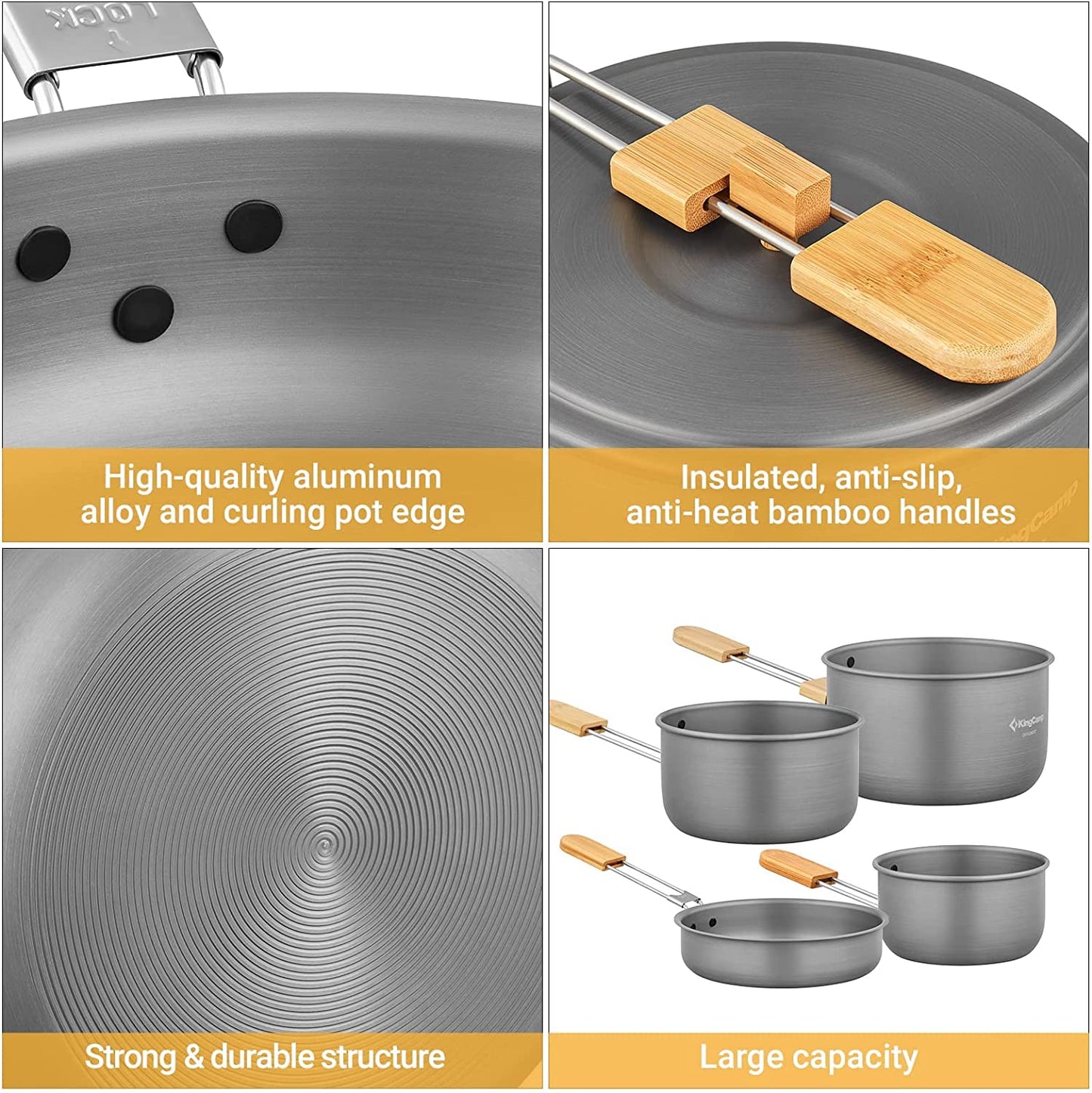 7Pcs Camping Cookware Mess Kit Aluminum Folding Camping Pots and Pans Set with Bamboo Handle Lightweight Backpacking Cooking Set Outdoor Cook Gear for Family Hiking Picnic