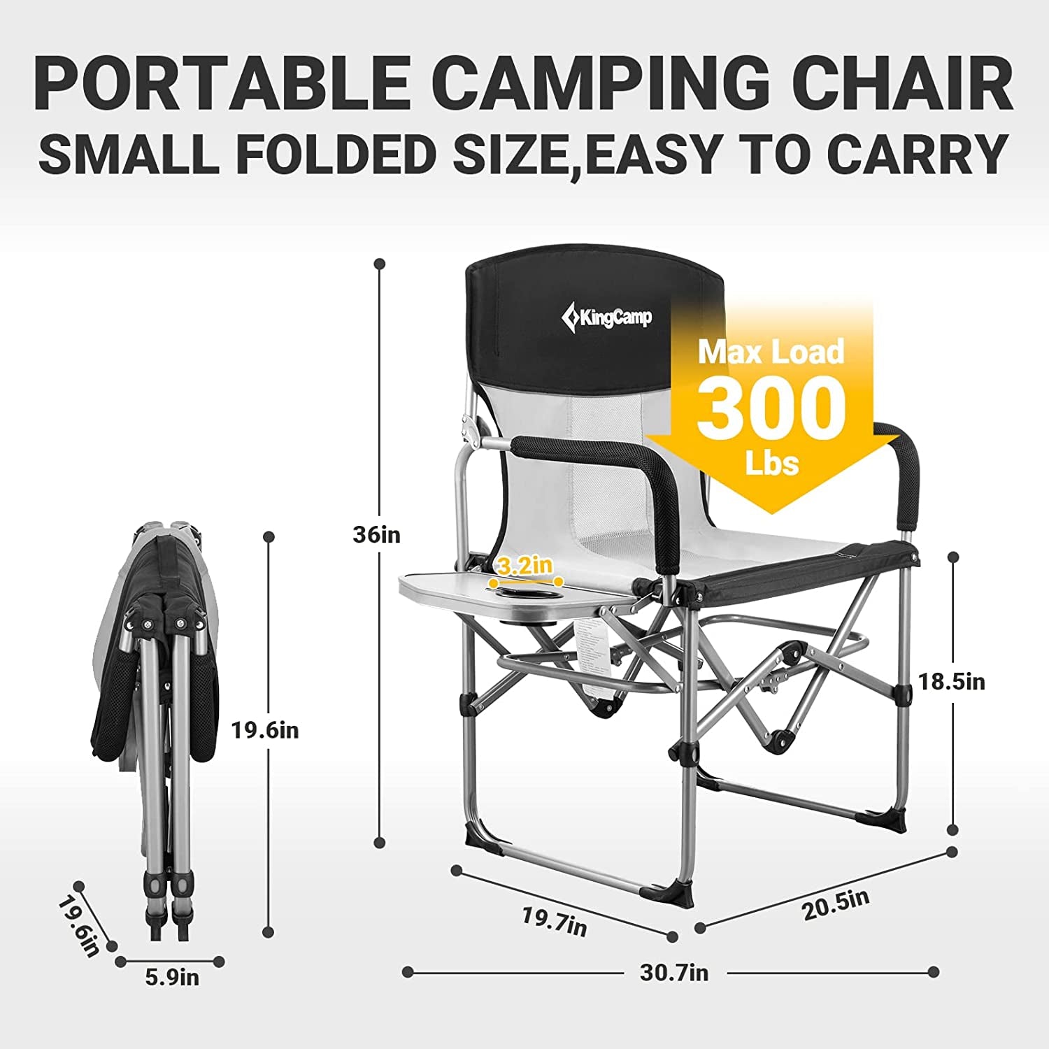 Camping Chairs for Adults Folding Chairs Camping Directors Chair with Side Table Heavy Duty Camping Chairs Supports 300Lbs for Outdoor,Camping,Lawn,Picnic,Trip(Black/Grey)