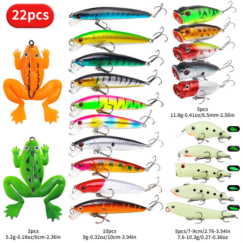 22pcs 1set Hard Lure Bait Soft Frog Popper Minnow Pencil VIB Luminous Lure Kit Durable Hooks Realistic Action Ideal