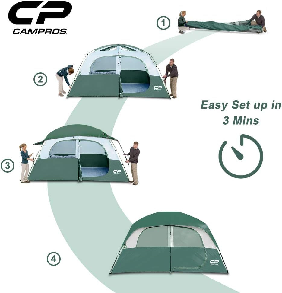 CAMPROS Tent-6/8-Person-Camping-Tents, Waterproof Windproof Family Tent with Top Rainfly, 4 Large Mesh Windows, Double Layer, Easy Set Up, Portable with Carry Bag, for All Seasons