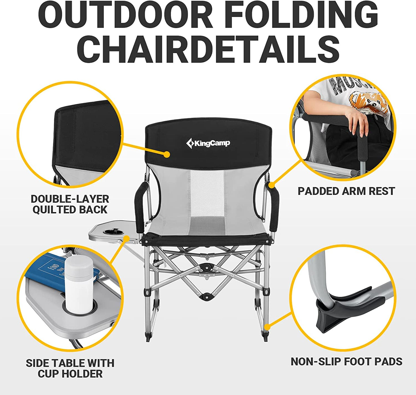 Camping Chairs for Adults Folding Chairs Camping Directors Chair with Side Table Heavy Duty Camping Chairs Supports 300Lbs for Outdoor,Camping,Lawn,Picnic,Trip(Black/Grey)