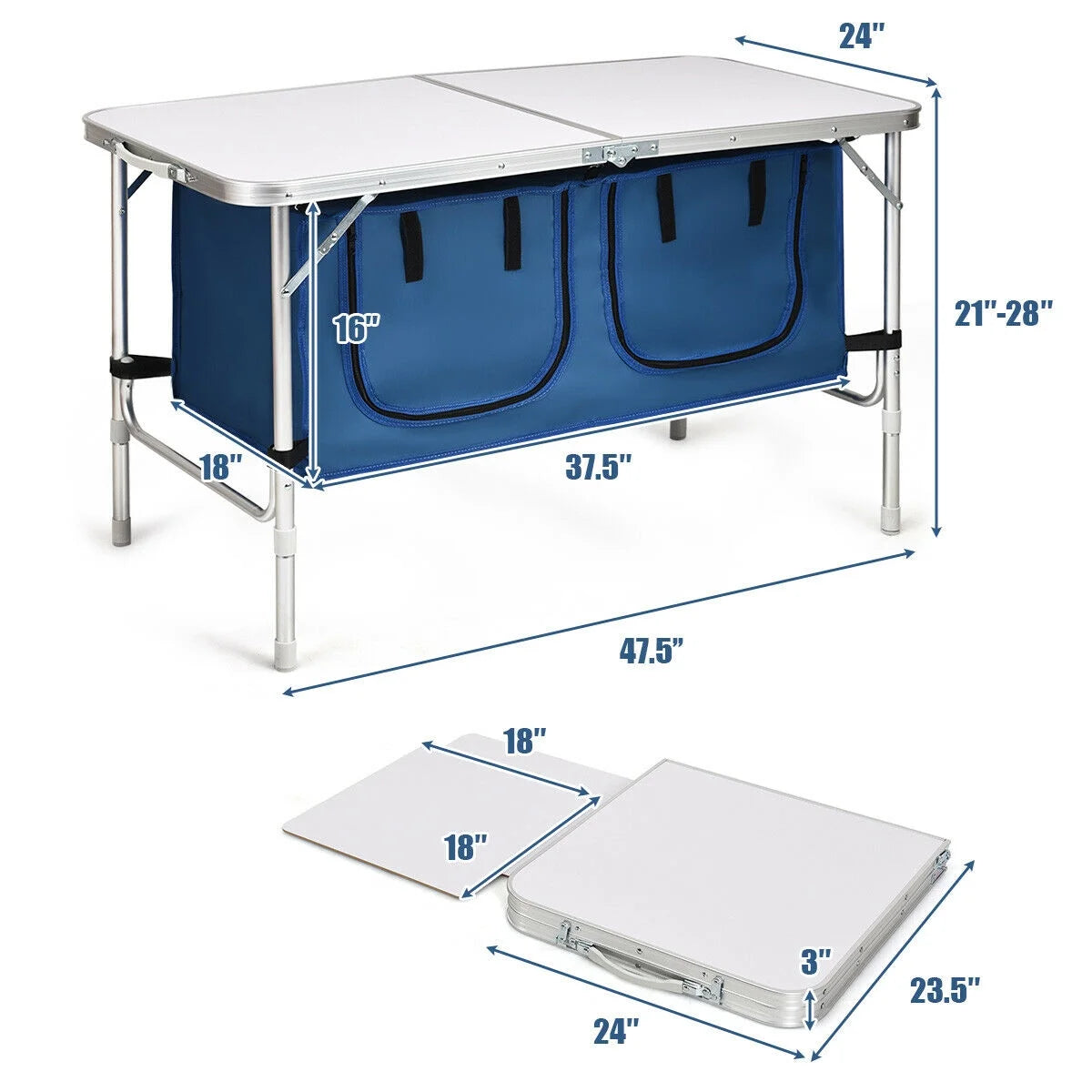 Folding Camping Table Aluminum Height Adjustable W/ Storage Organizer Dark Blue