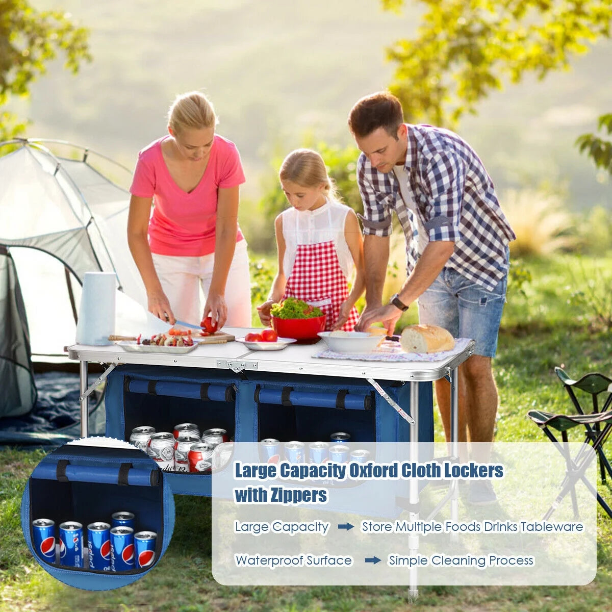 Folding Camping Table Aluminum Height Adjustable W/ Storage Organizer Dark Blue