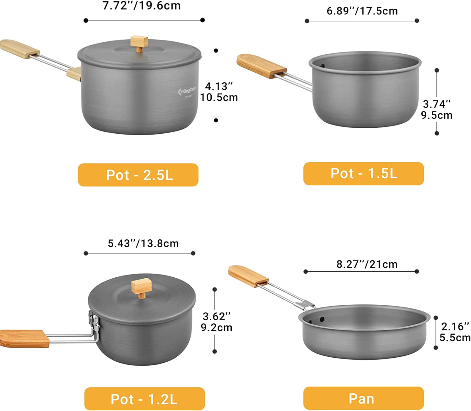 7Pcs Camping Cookware Mess Kit Aluminum Folding Camping Pots and Pans Set with Bamboo Handle Lightweight Backpacking Cooking Set Outdoor Cook Gear for Family Hiking Picnic