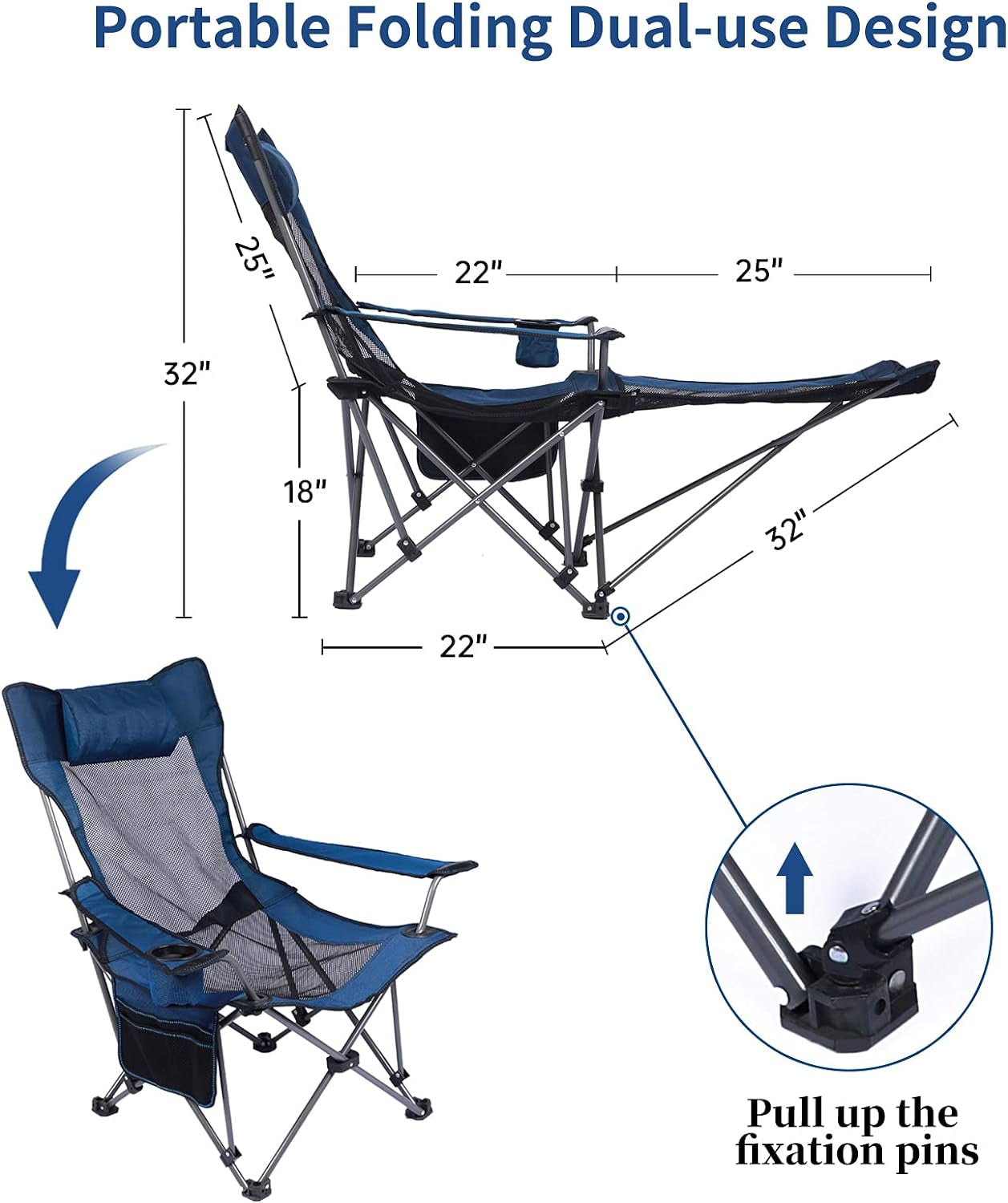 Camping Lounge Chair,Folding Reclining Camping Chair, Portable Camping Chair with Footrest,Storage Bag & Headrest, Mesh Recliner, 330Lbs Weight Capacity