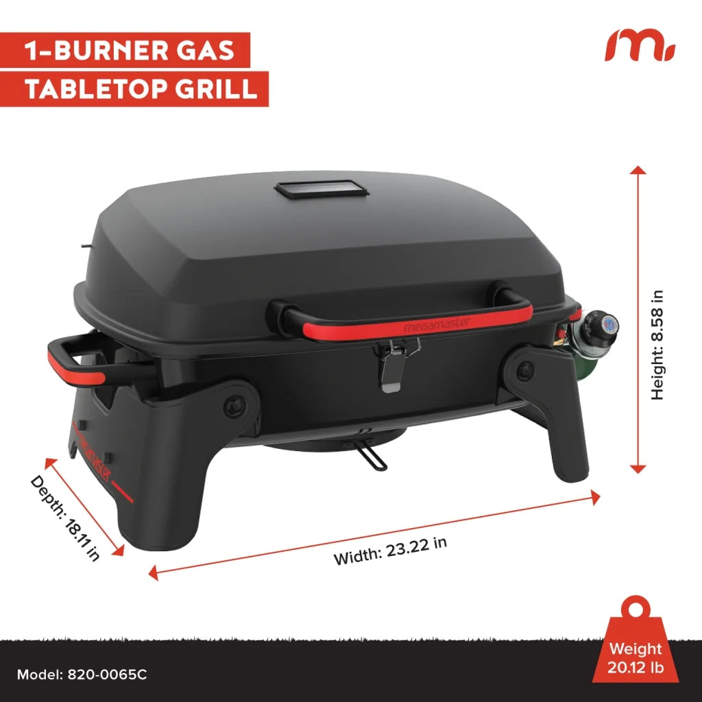 1-Burner Portable Gas Grill with Locking Lid, 11,000 BTU Stainless Steel Burner, Foldable Legs, Small Propane Grill for Outdoor Cooking, Camping, Bbqs, Patios, and Gardens - 820-0065C