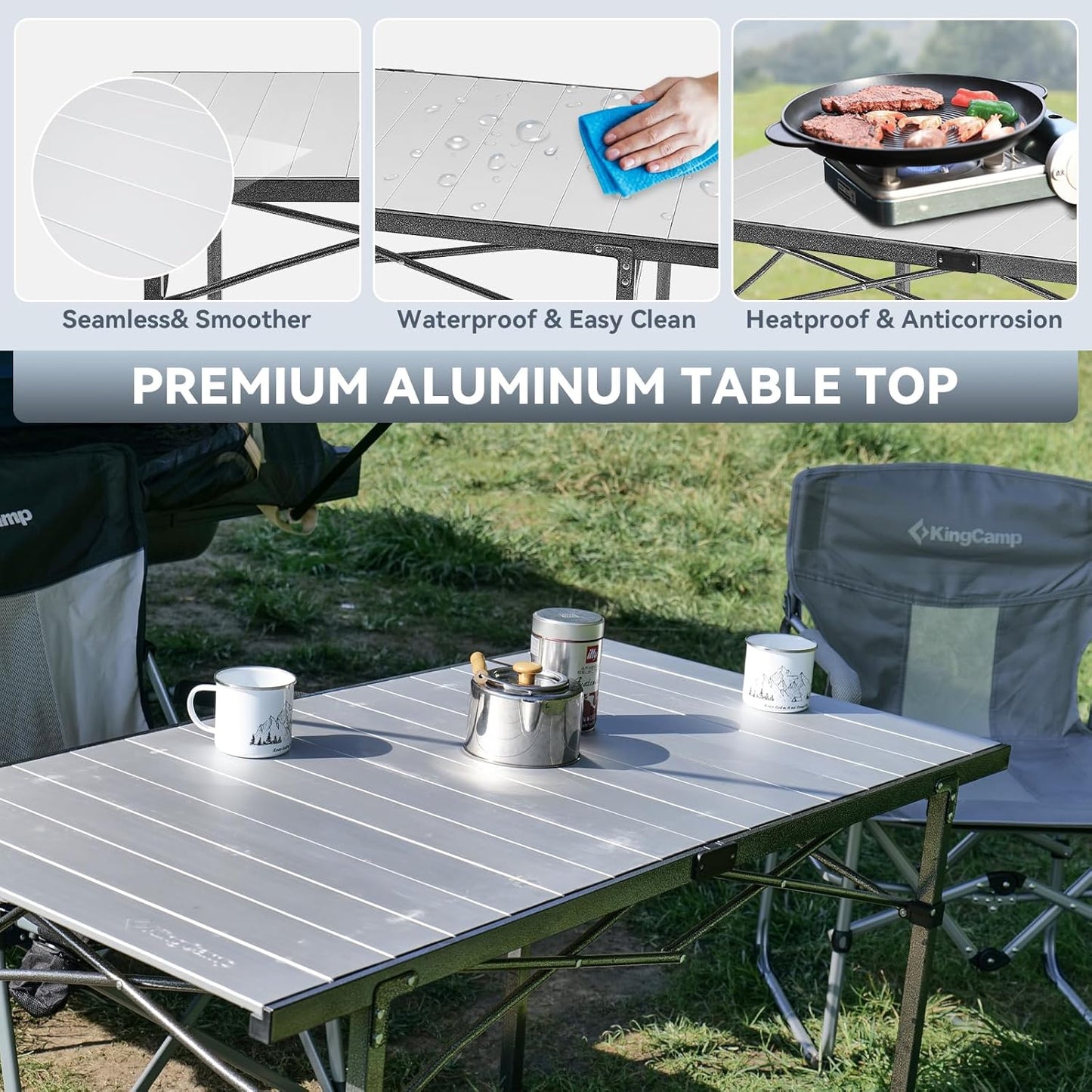 Folding Camping Table, Aluminum Roll-Up Camp Table, Large Foldable Table for 6-8 Person, Outdoor Portable Table with Carry Bag, 180 LBS Heavy Duty Load, Ideal for Picnic, Backyards, BBQ.