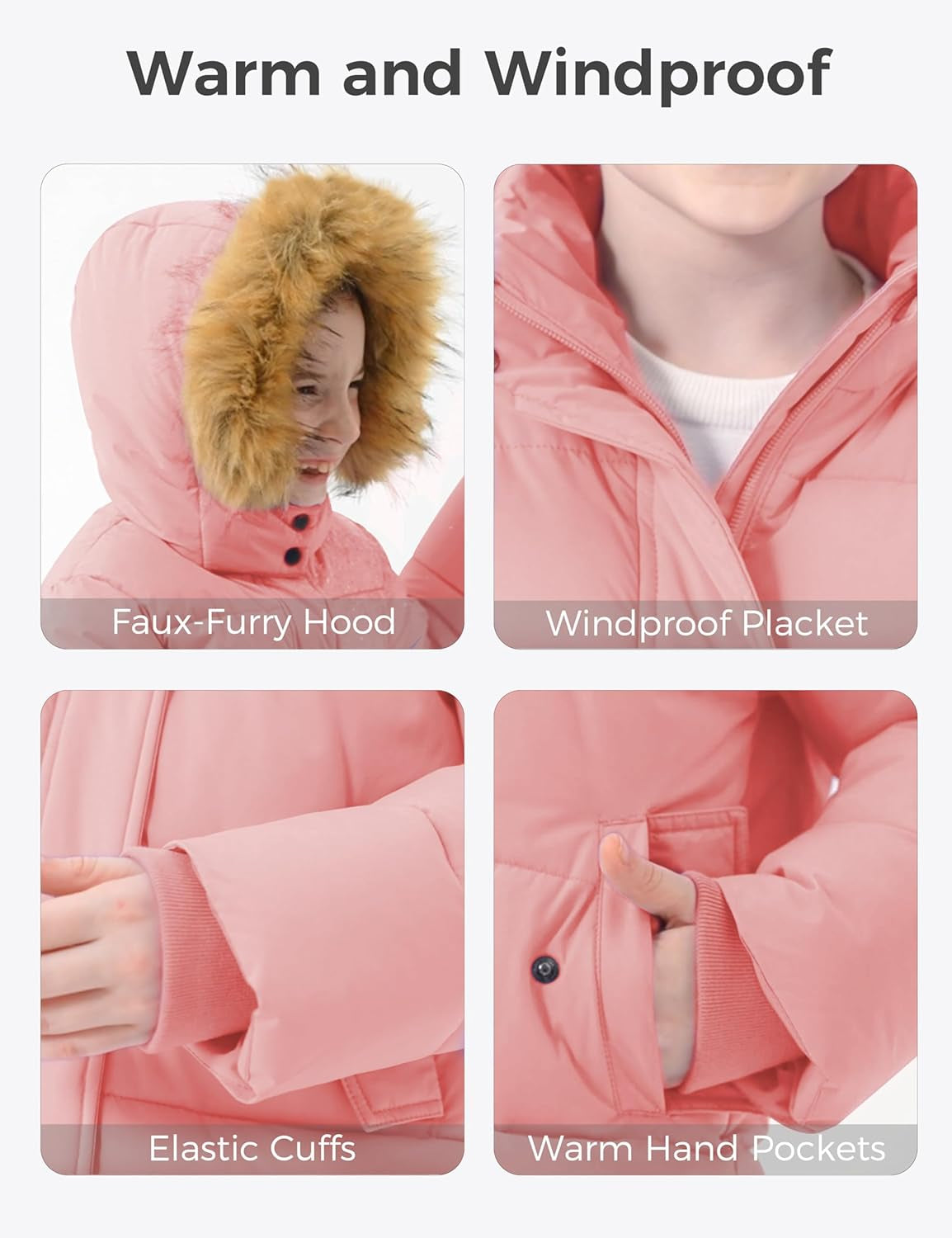 Girl'S Winter Jacket Long Puffer Coat Fleece Outerwear Jacket with Hood Waterproof