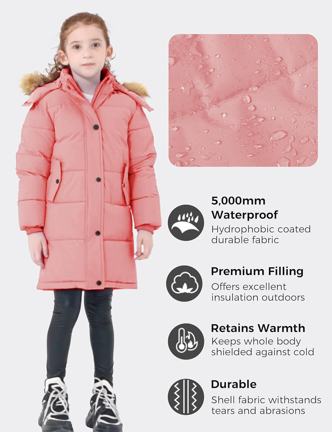 Girl'S Winter Jacket Long Puffer Coat Fleece Outerwear Jacket with Hood Waterproof