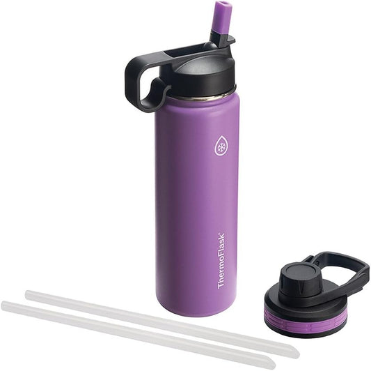 Bottle with Chug Lid & Straw Lid - Insulated Stainless Steel Water Bottle with Leak-Proof Lids - Dishwasher-Safe Reusable Bottle & Lids - Durable Bottle, 2 Straws & 2 Lids - 24 Oz, Plum