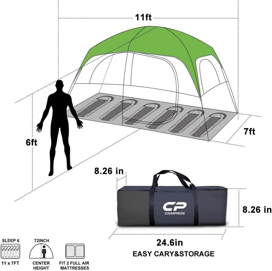 CAMPROS Tent-6/8-Person-Camping-Tents, Waterproof Windproof Family Tent with Top Rainfly, 4 Large Mesh Windows, Double Layer, Easy Set Up, Portable with Carry Bag, for All Seasons