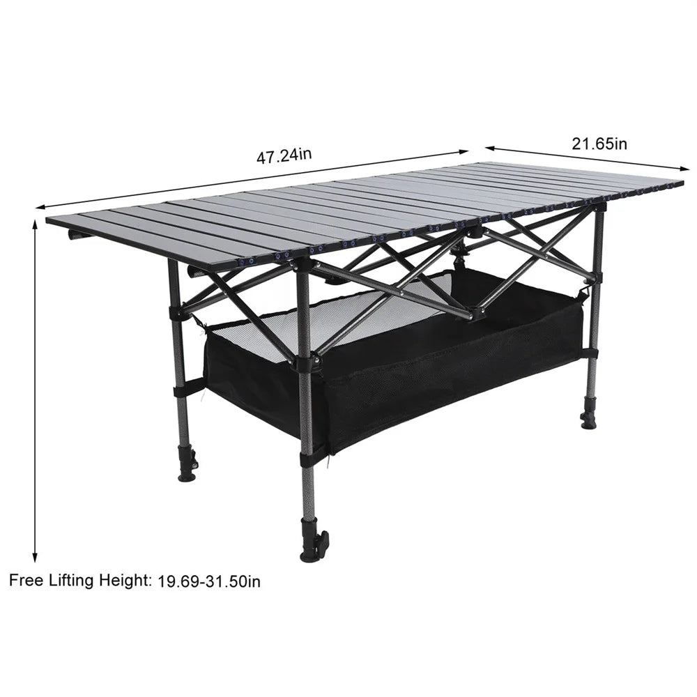 Camping Table with Carry Bag, Folding Camping Table with Storage, Carbon Steel Roll up Table with Adjustable Height, Portable Picnic Table for Outdoor Camping Travel Backyard BBQ Patio Beach