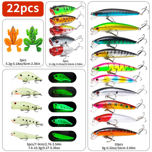 22pcs 1set Hard Lure Bait Soft Frog Popper Minnow Pencil VIB Luminous Lure Kit Durable Hooks Realistic Action Ideal