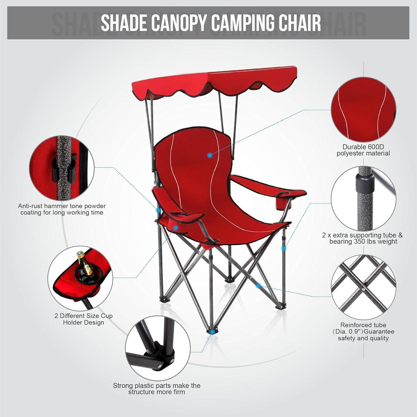 Camp Chairs with Shade Canopy Chair Folding Camping Recliner Support 350 LBS