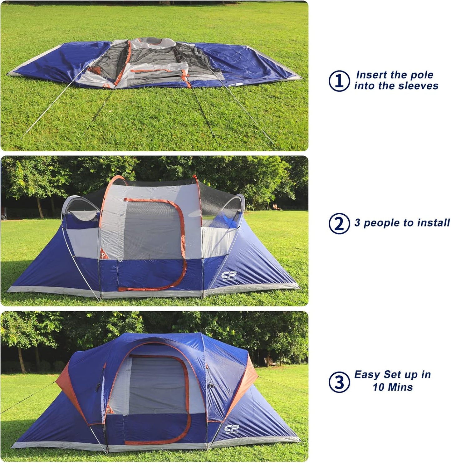 Tent 9 Person Camping Tents, 2 Room Water Resistant Family Tent with Top Rainfly, 4 Large Mesh Windows, Double Layer, Easy Set Up, Portable with Carry Bag