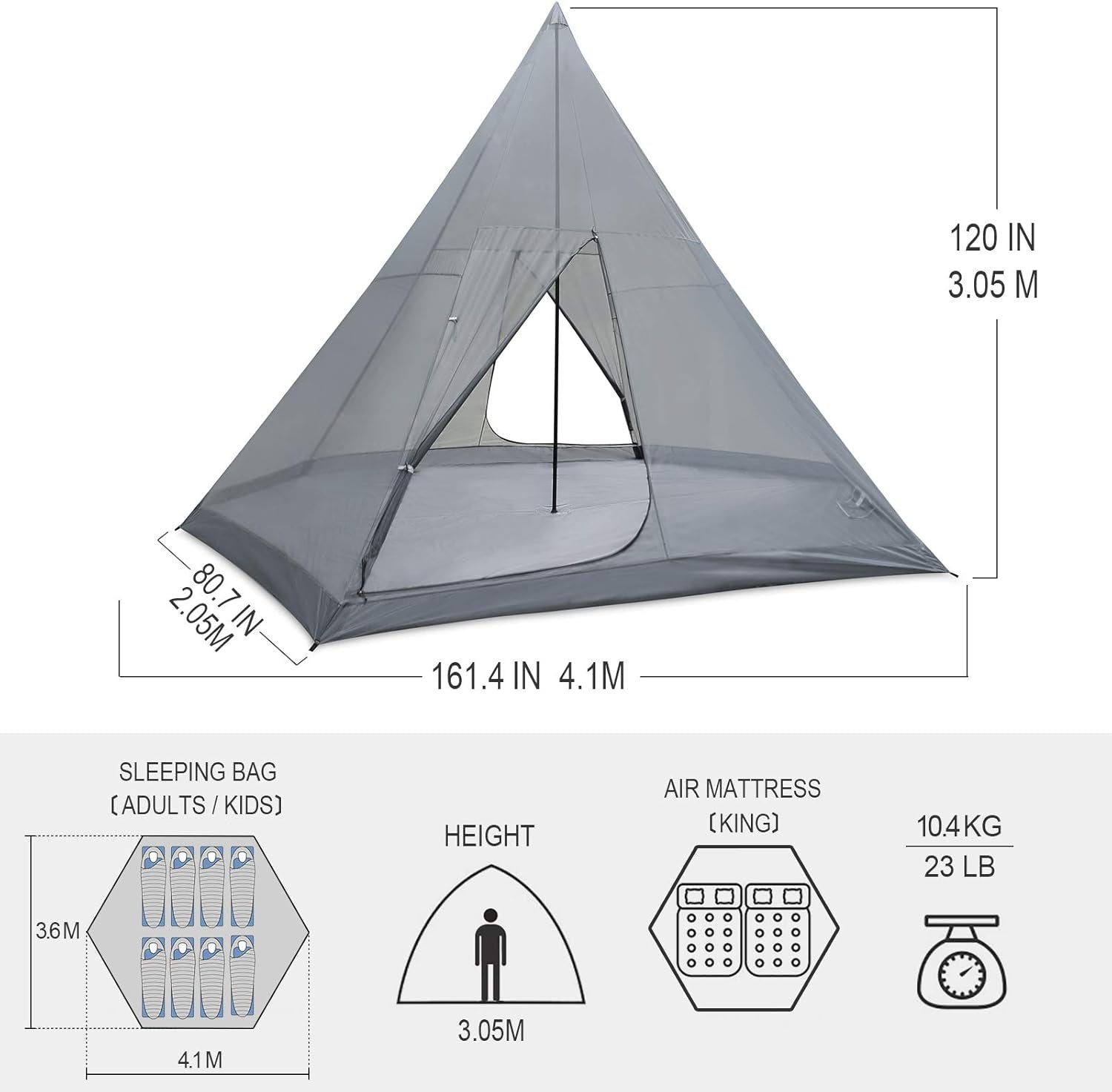 Family Camping Tent Large Waterproof Tipi Tents 8 Person Room Teepee Tent Instant Setup Double Layer