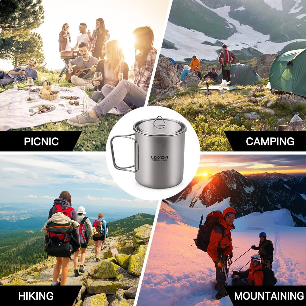 Titanium Pot, Lightweight Camping Pot Titanium Cup Titanium Backpacking Pot with Portable Foldable Handles for Outdoor Camping Hiking Backpacking